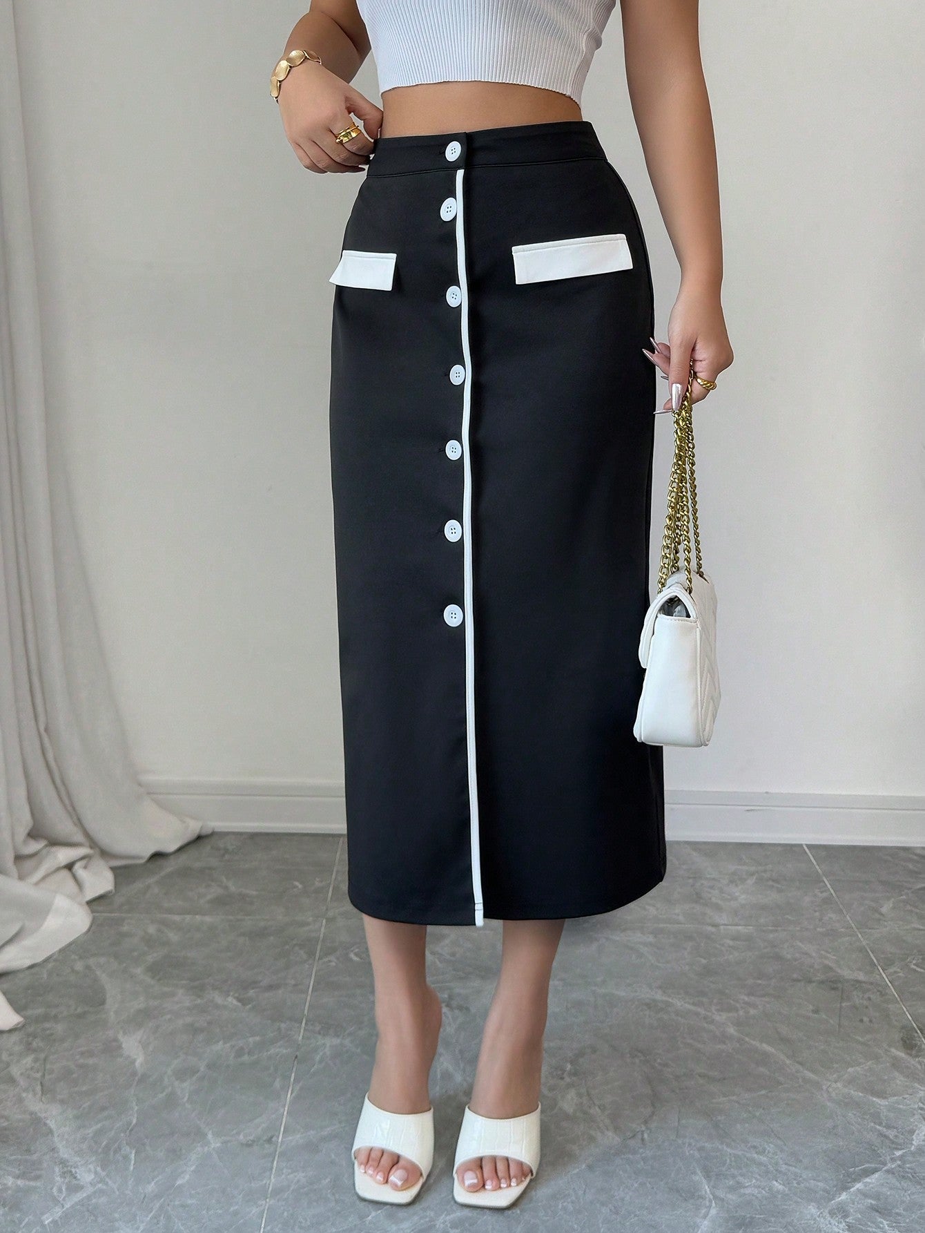 Elegant Vacation & Workwear Black & White Contrast Color Midi Skirt For Women - Negative Apparel
