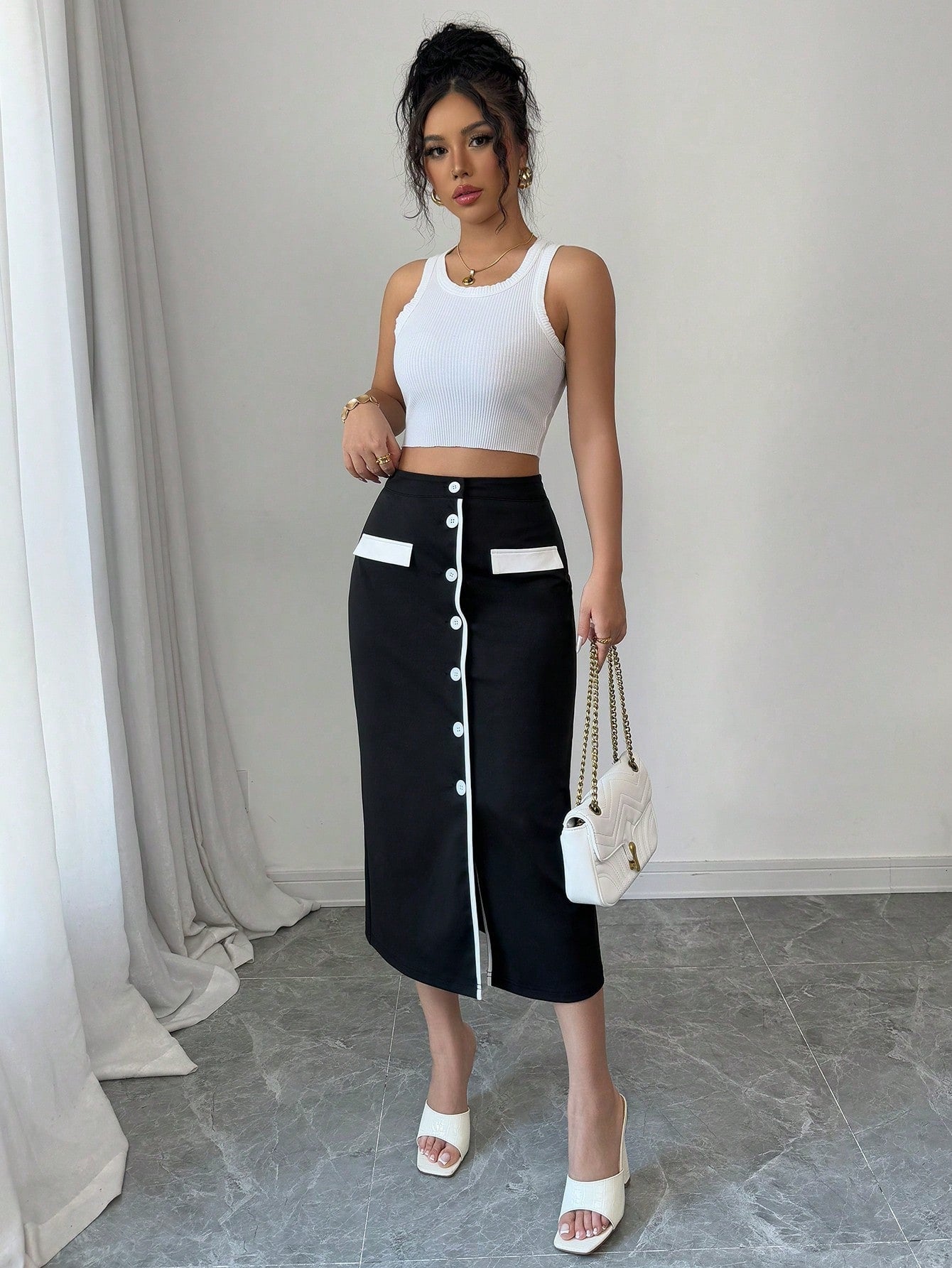 Elegant Vacation & Workwear Black & White Contrast Color Midi Skirt For Women - Negative Apparel