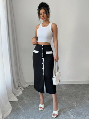 Elegant Vacation & Workwear Black & White Contrast Color Midi Skirt For Women - Negative Apparel