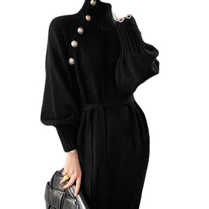Elegant Winter Knit Dress – High Collar Pullover Sweater for Women - Negative Apparel