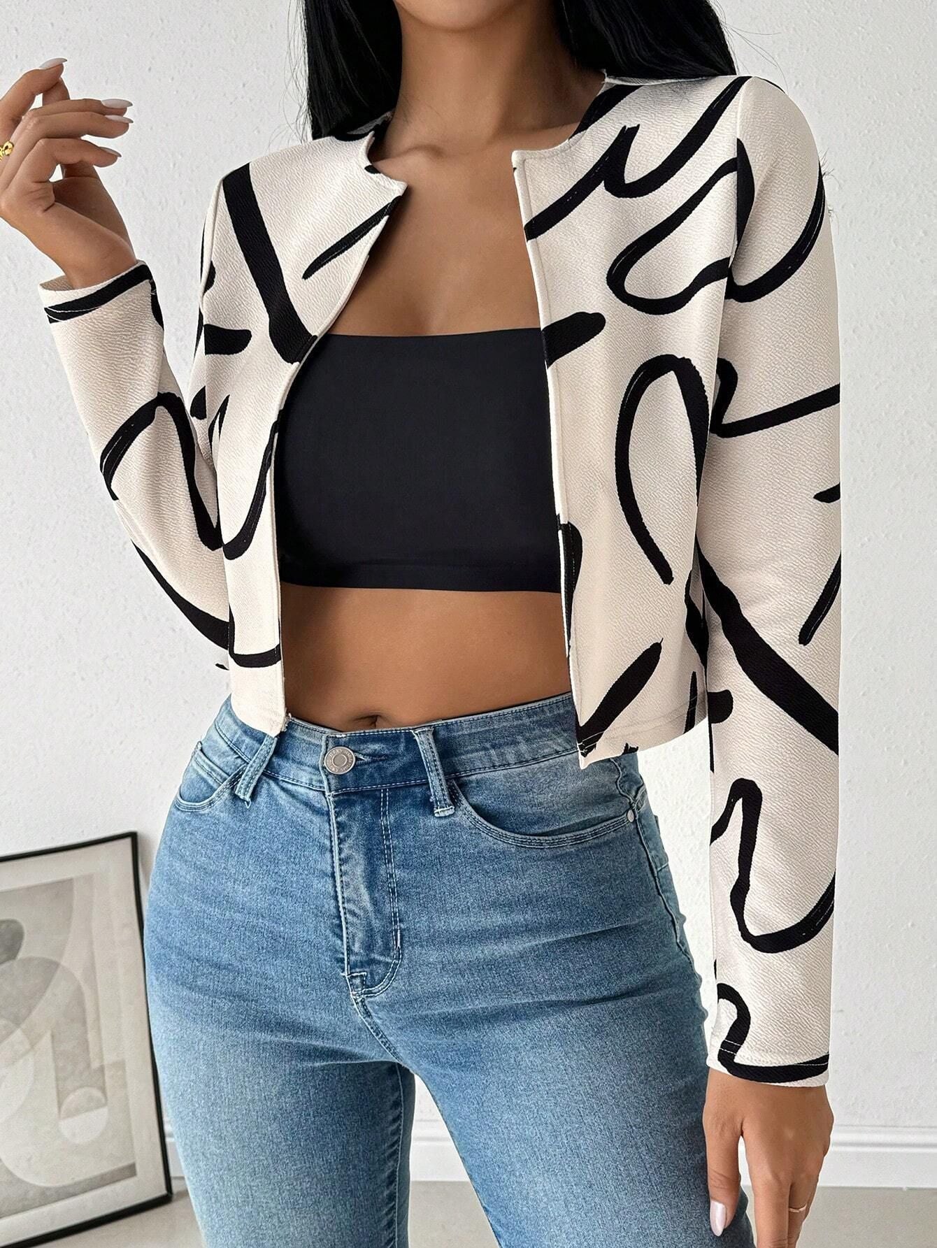 Elegant women's fashion casual abstract printing cardigan jacket top women's clothing - Negative Apparel