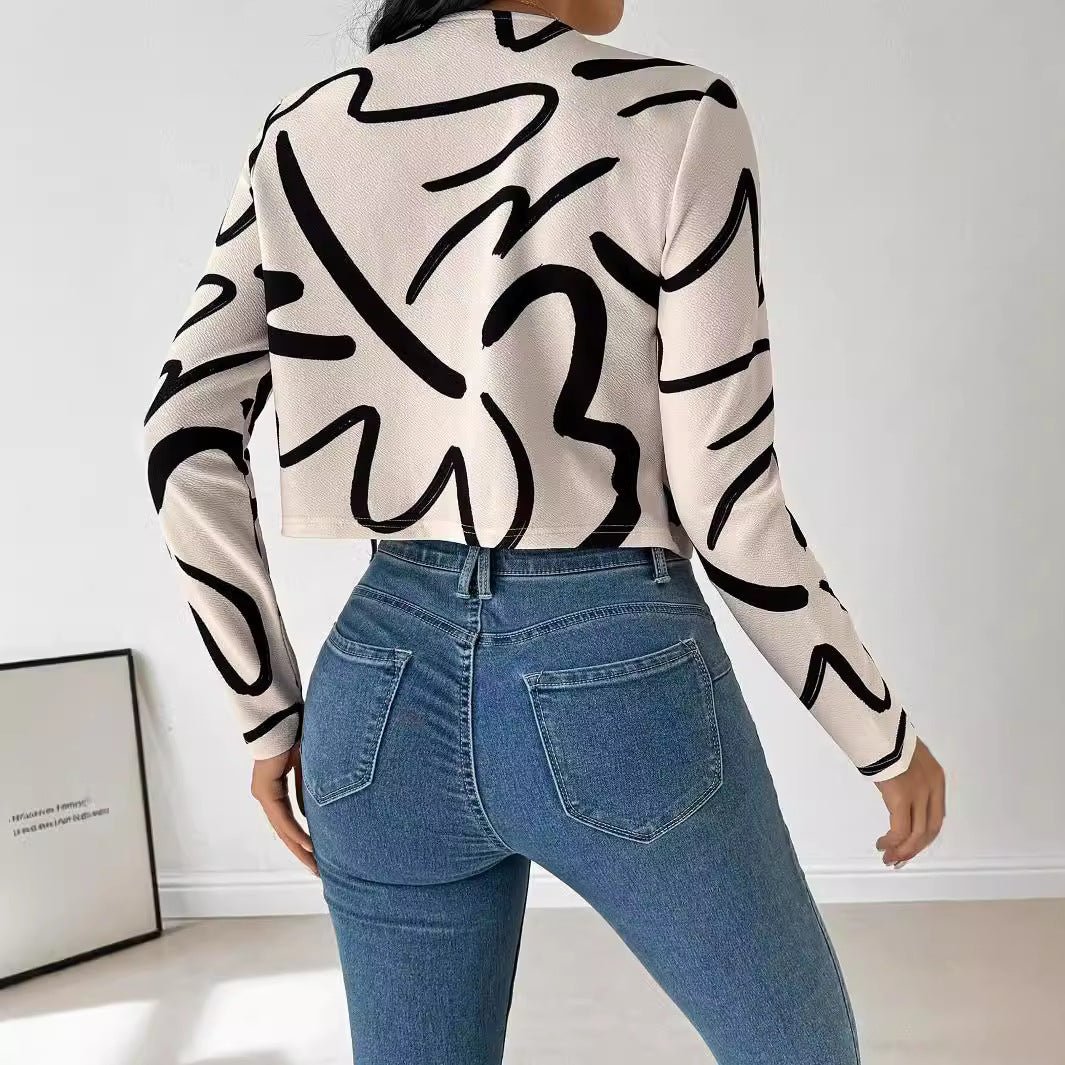 Elegant women's fashion casual abstract printing cardigan jacket top women's clothing - Negative Apparel