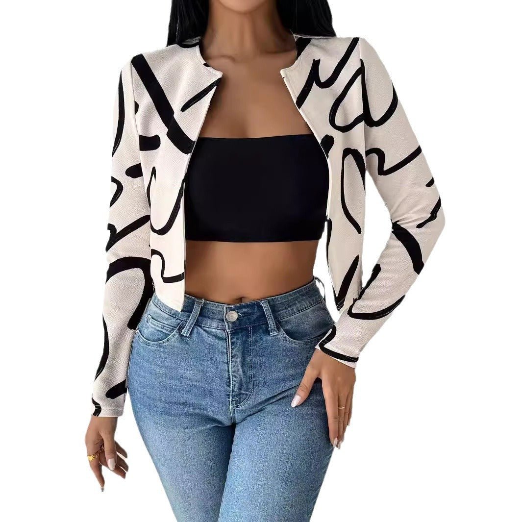 Elegant women's fashion casual abstract printing cardigan jacket top women's clothing - Negative Apparel