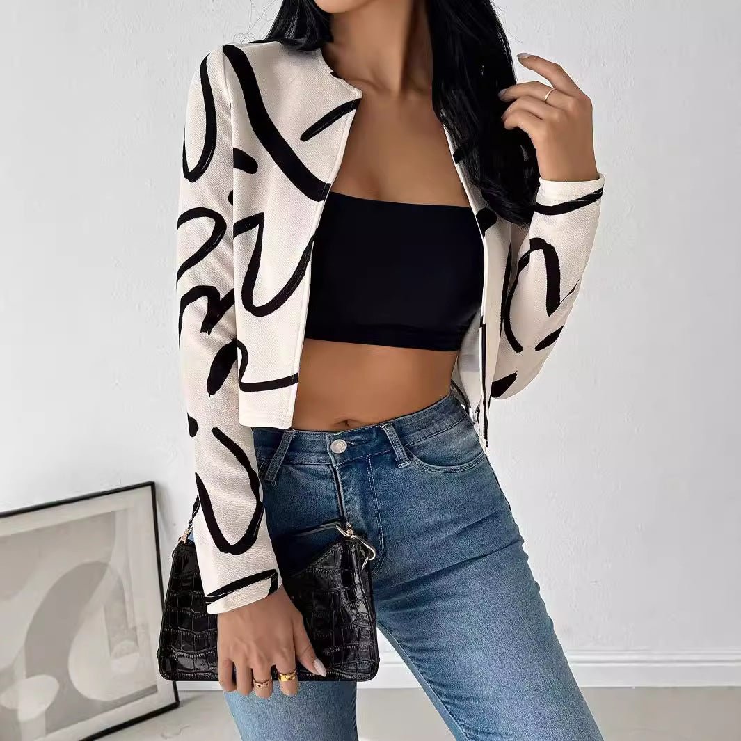 Elegant women's fashion casual abstract printing cardigan jacket top women's clothing - Negative Apparel