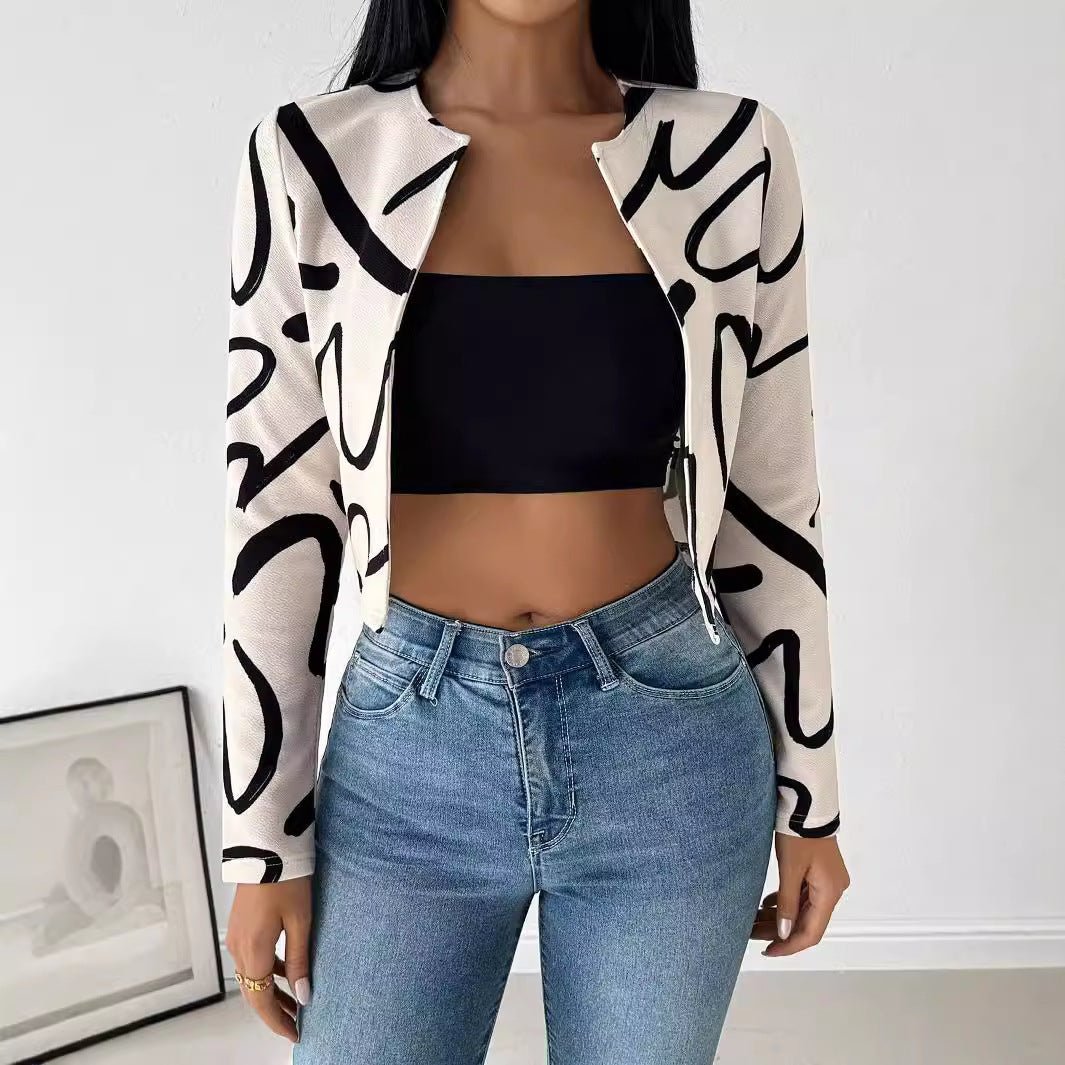 Elegant women's fashion casual abstract printing cardigan jacket top women's clothing - Negative Apparel
