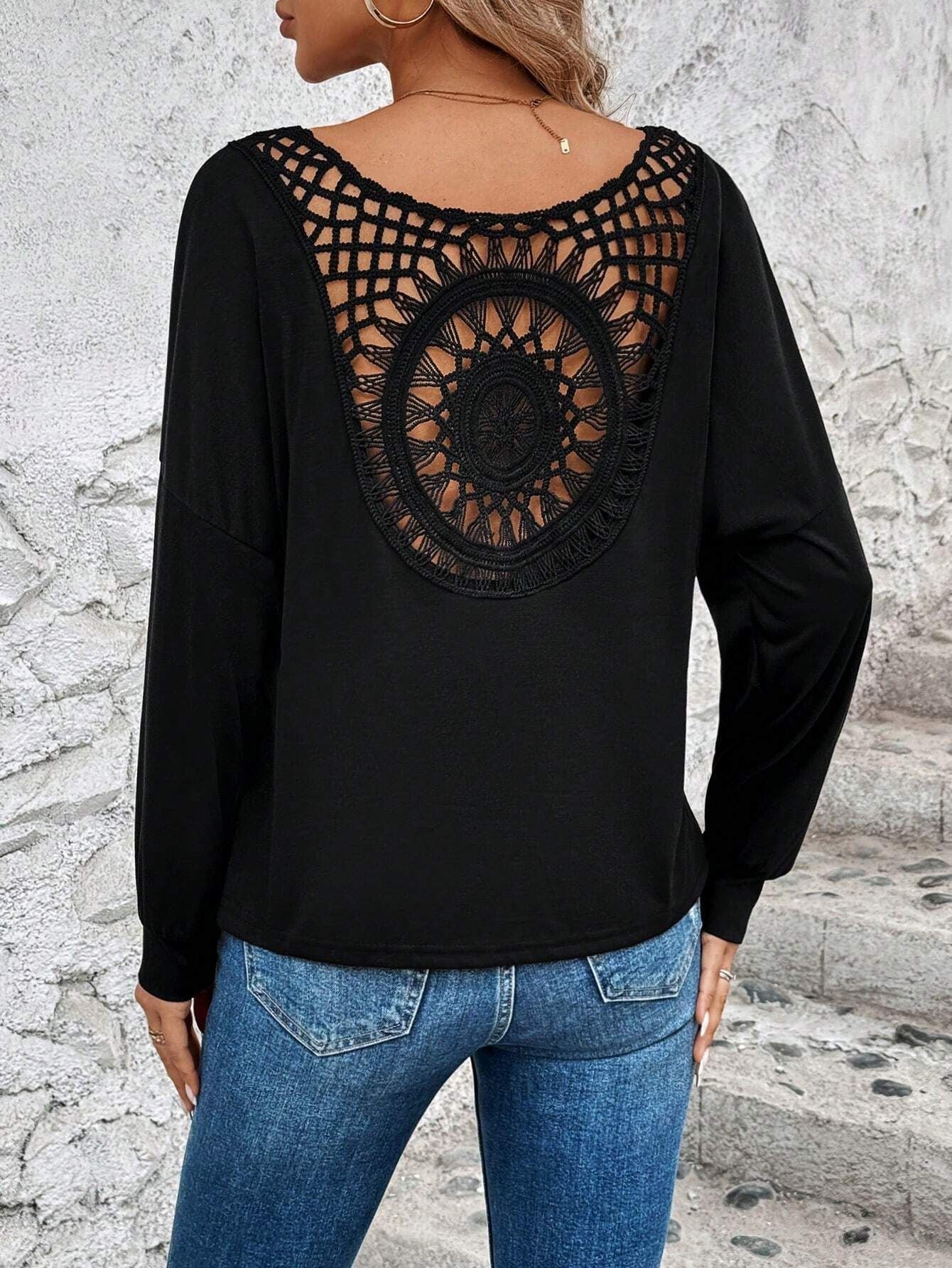 Elegant women's V - neck splicing fashion lace long - sleeved T-shirt top women's clothing - Negative Apparel