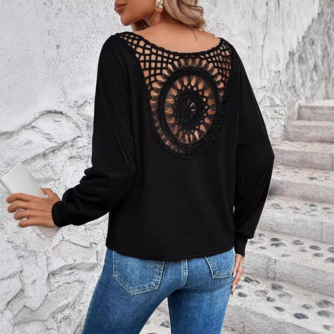Elegant women's V - neck splicing fashion lace long - sleeved T-shirt top women's clothing - Negative Apparel