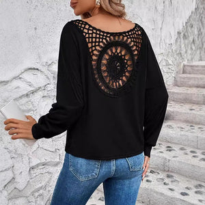 Elegant women's V - neck splicing fashion lace long - sleeved T-shirt top women's clothing - Negative Apparel