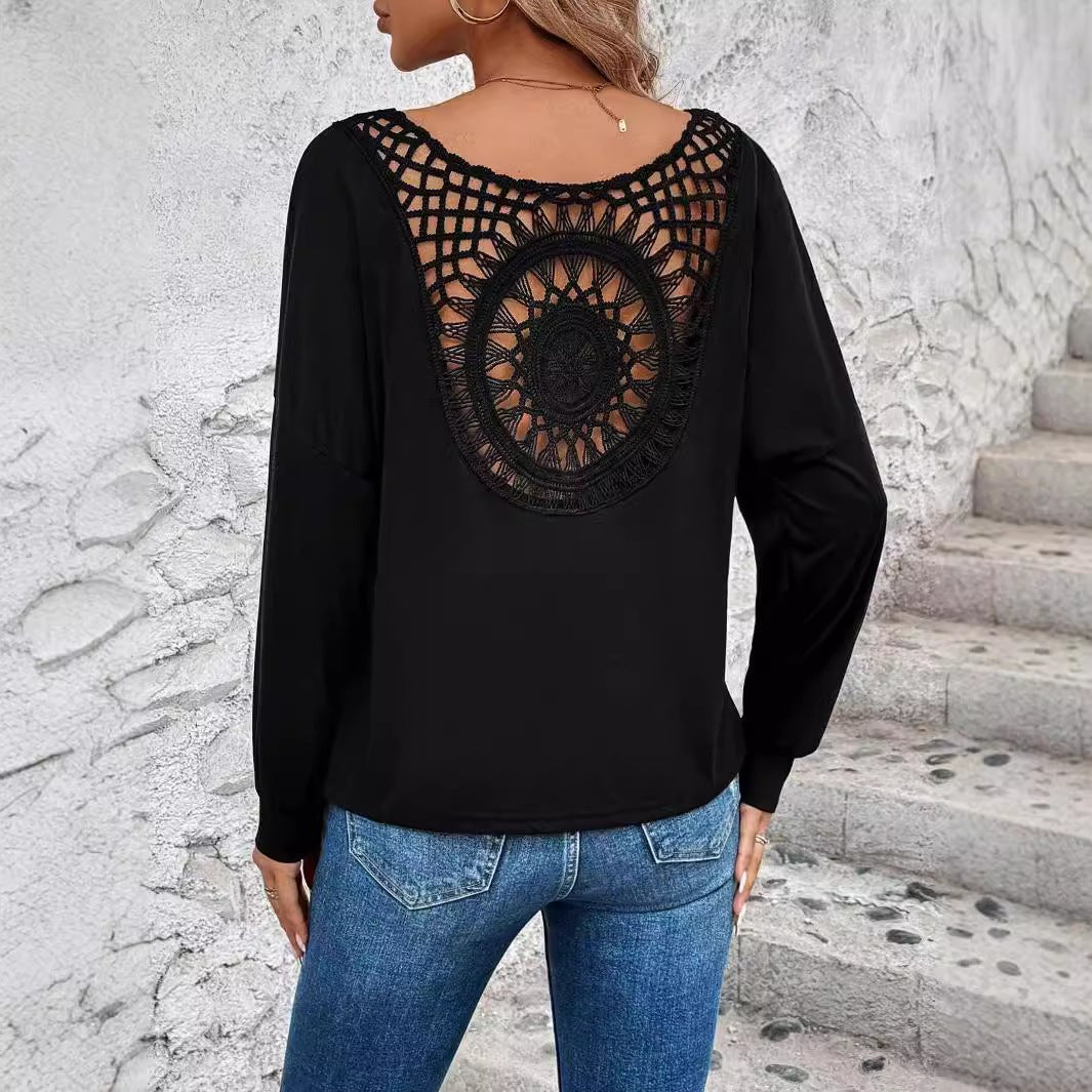 Elegant women's V - neck splicing fashion lace long - sleeved T-shirt top women's clothing - Negative Apparel