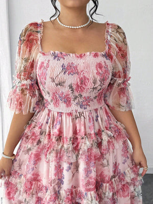 Elenzga Plus Size Women Elegant Romantic Floral Print Mesh Inlay Knitted New Dress, Sundress, Tea Party Outfit, Easter Dress, Spring Break, Cocktail Party Women Dresses Birthday Women Birthday Outfit Women Casual Dress Women S Clothes Women Summer Clothin
