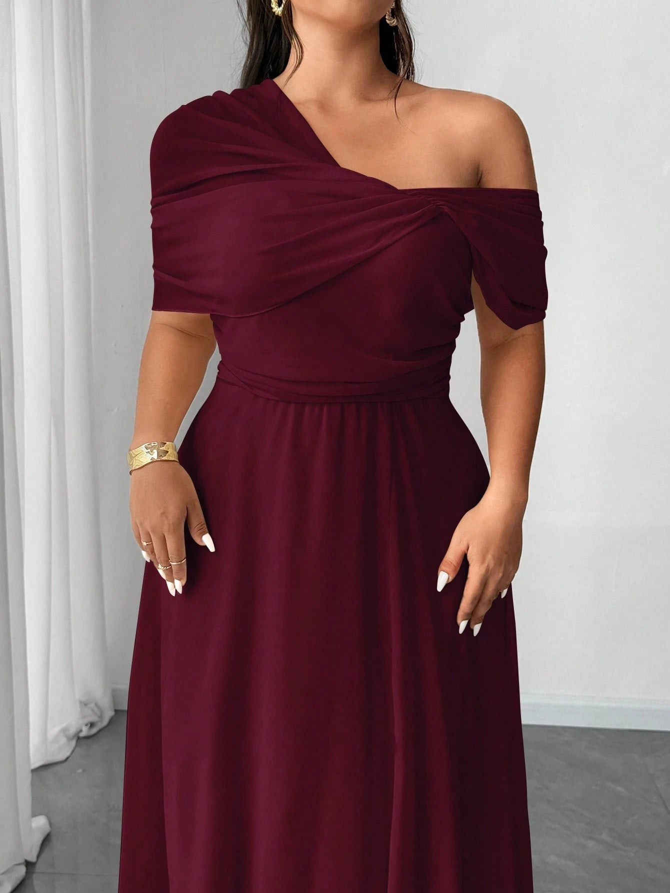 Elenzga Plus Size Women Elegant Romantic Wedding Party Chiffon One - Shoulder Side Slit Maxi Dress - Negative Apparel