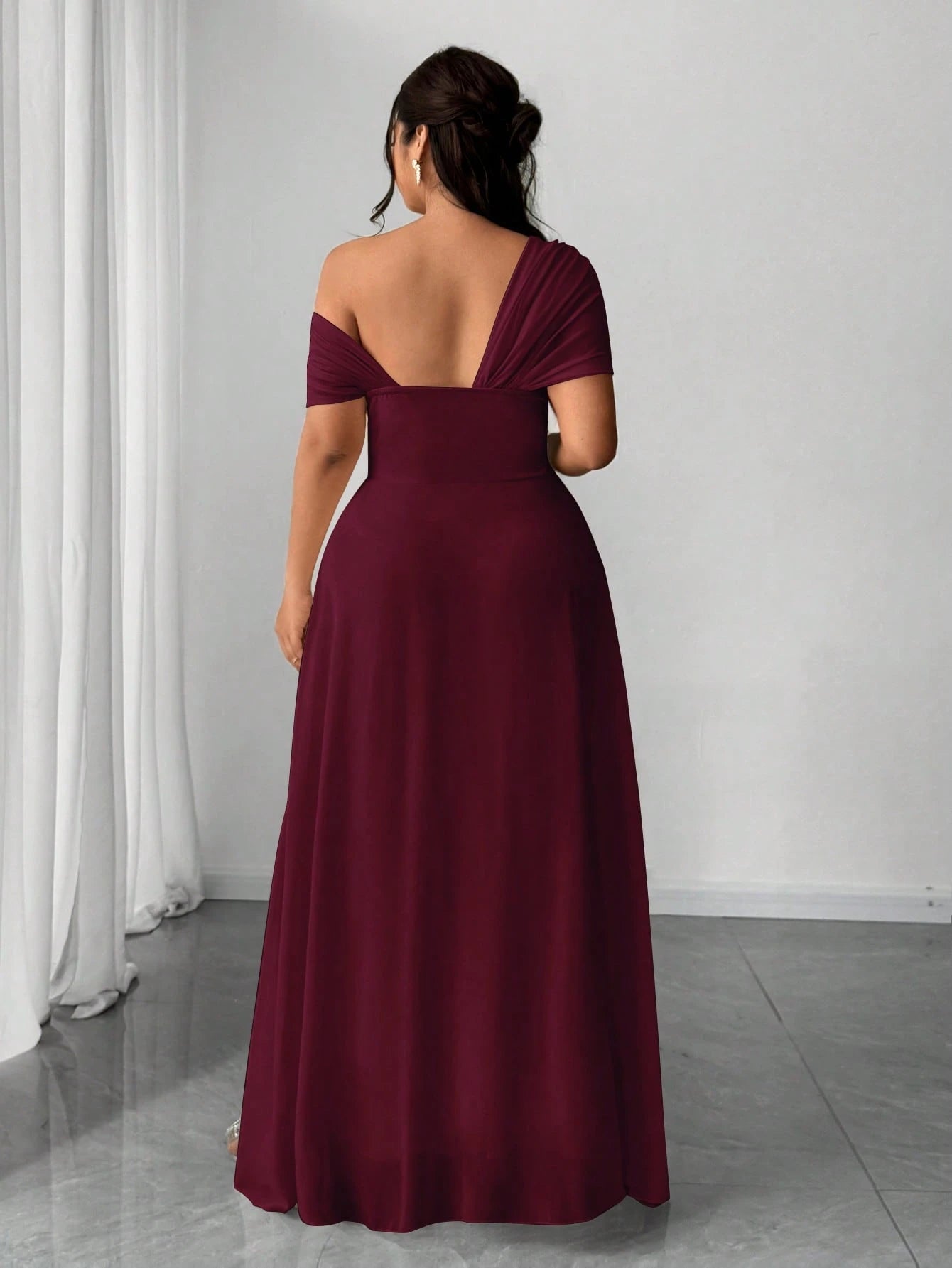 Elenzga Plus Size Women Elegant Romantic Wedding Party Chiffon One - Shoulder Side Slit Maxi Dress - Negative Apparel