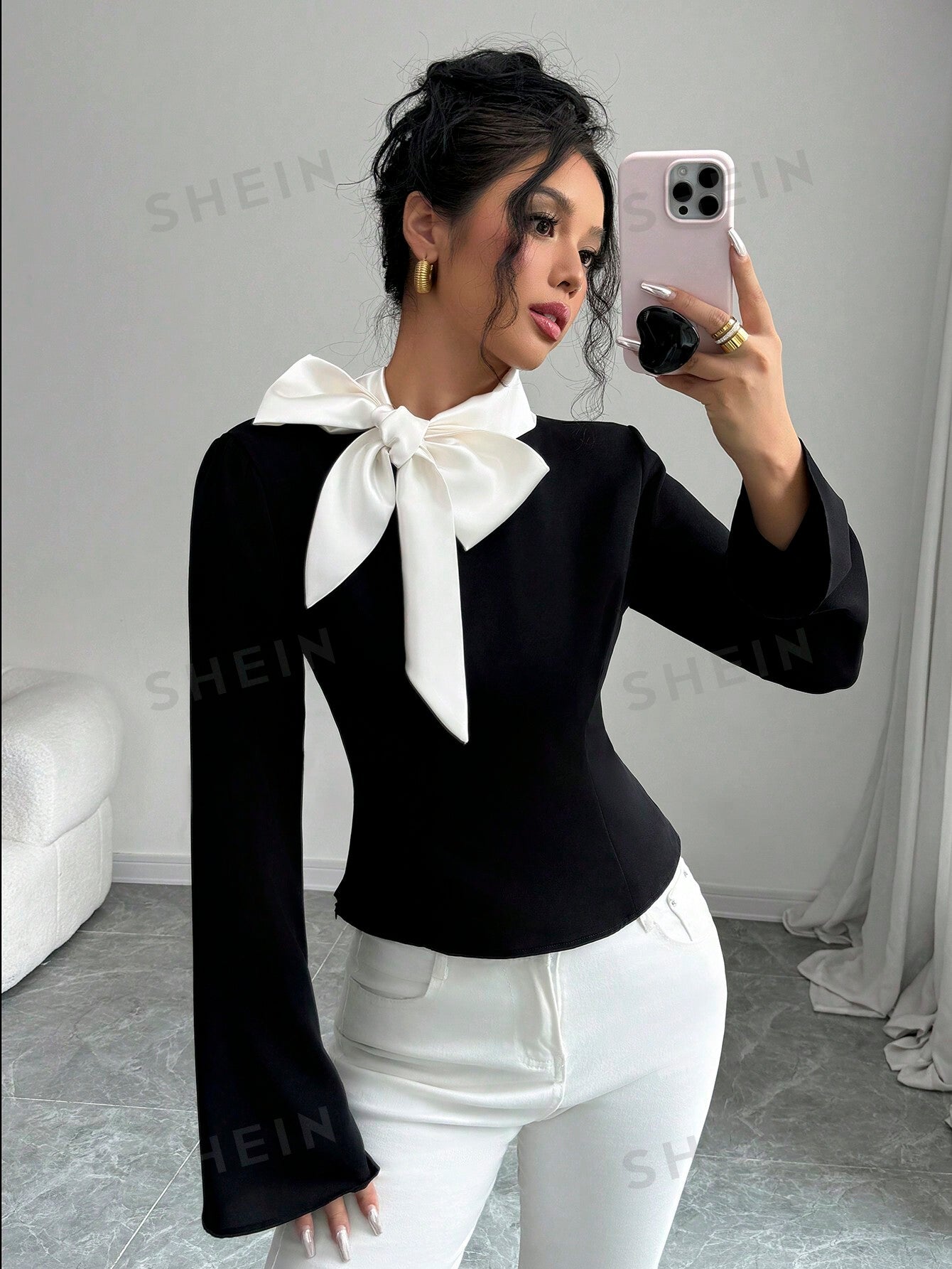 Elenzya 1pc Women's Black Bow Tie Bell Sleeve Blouse - Negative Apparel