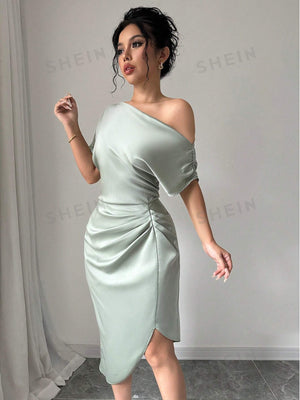 Elenzya Asymmetrical Neck Handmade Pleated Sexy Dress - Negative Apparel