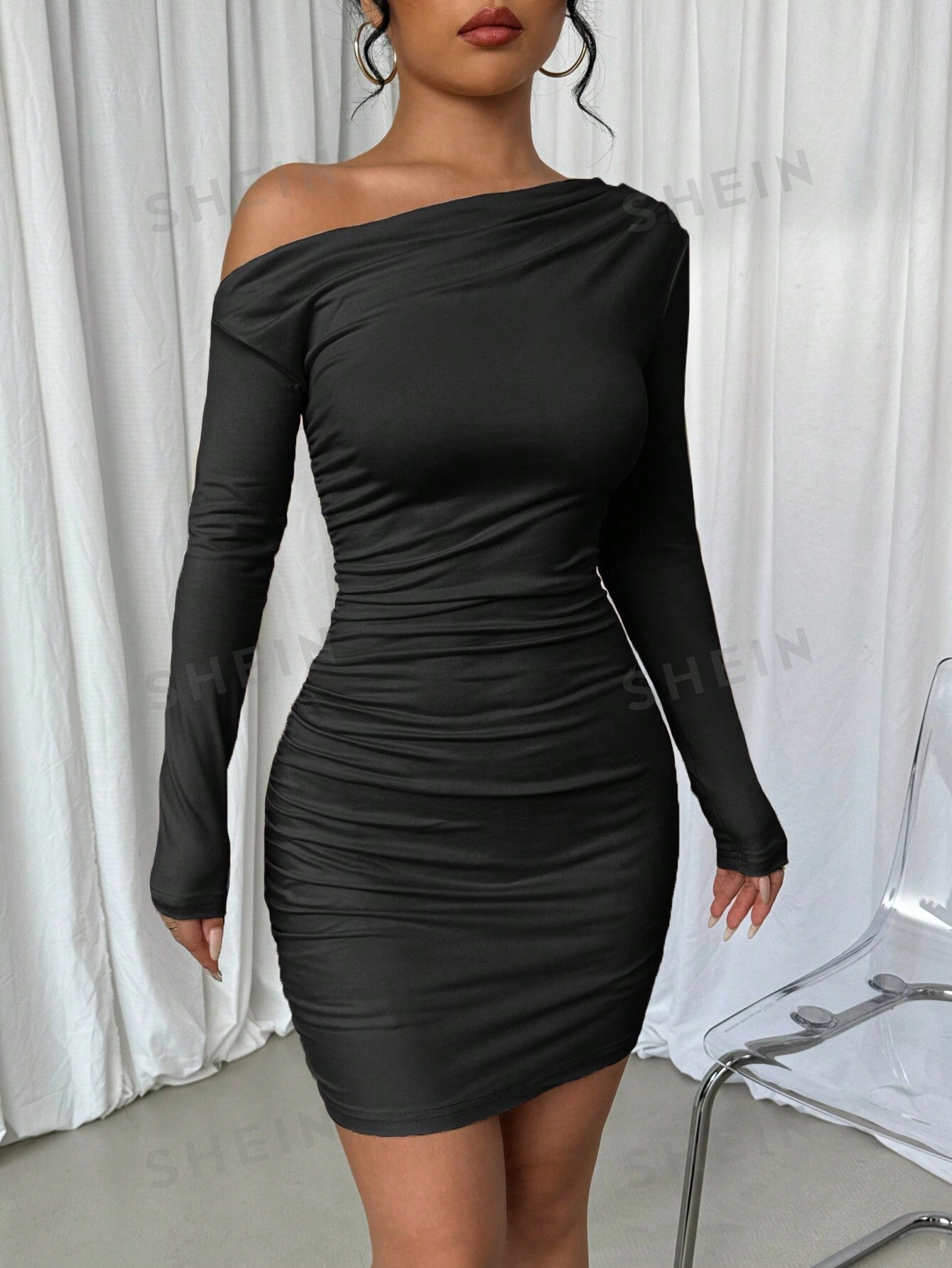 Elenzya Asymmetrical Shoulder Ruffle Long Sleeve Elastic Waist Short Casual Dress - Negative Apparel