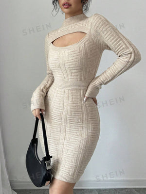 Elenzya Autumn Casual Hollow Out Long Sleeve Knitted Bodycon Dress - Negative Apparel