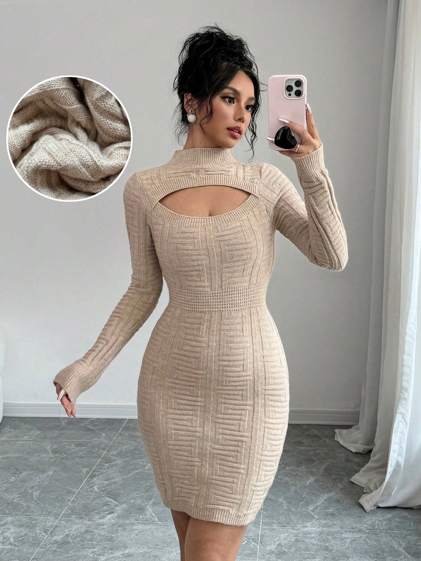 Elenzya Autumn Casual Hollow Out Long Sleeve Knitted Bodycon Dress - Negative Apparel