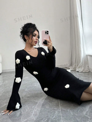 Elenzya Floral Applique V - Neck Long Sleeve Sweater Dress - Negative Apparel