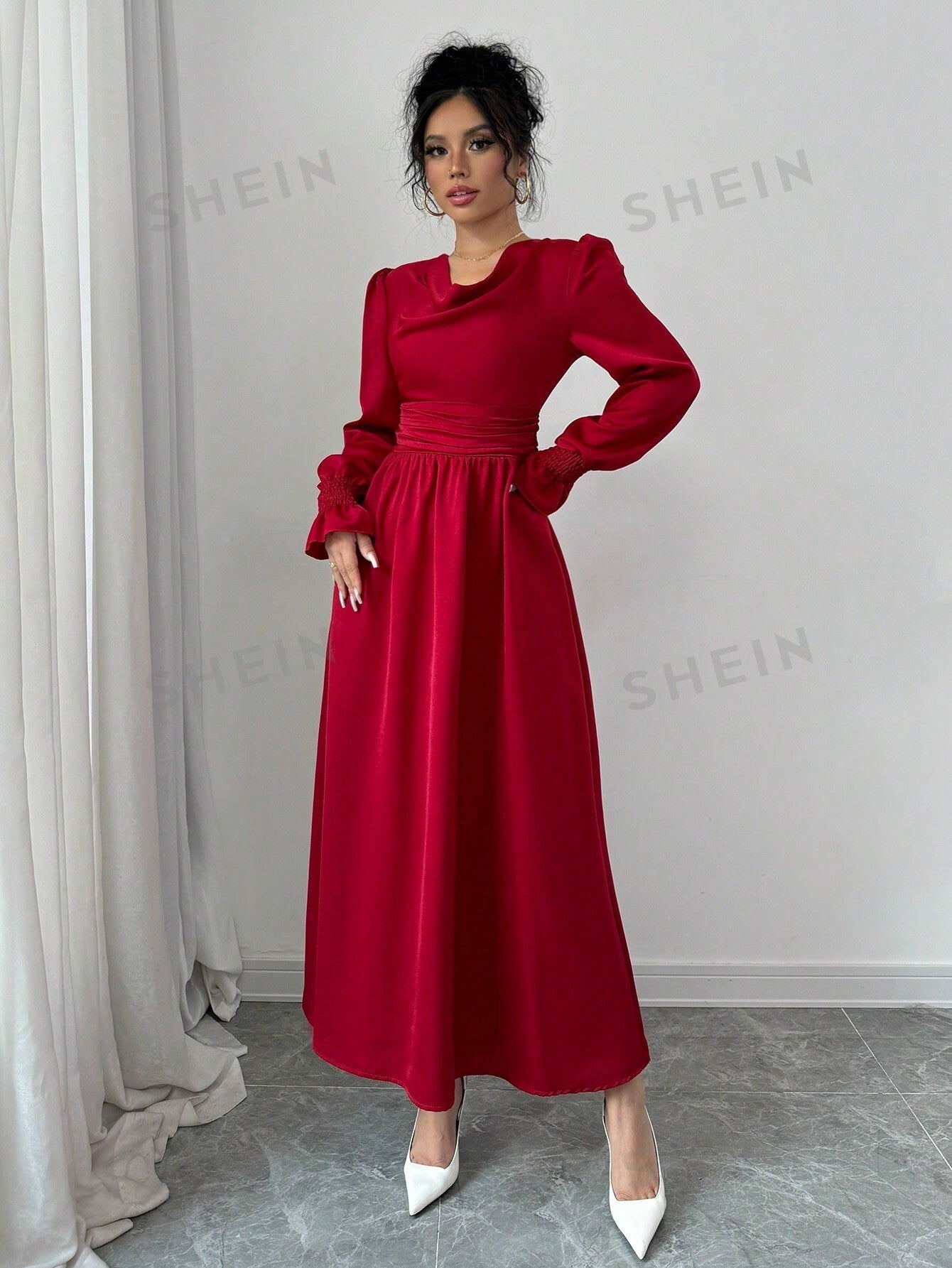 Elenzya Solid Color Pleated Waist Swing Dress With Long Sleeves - Negative Apparel