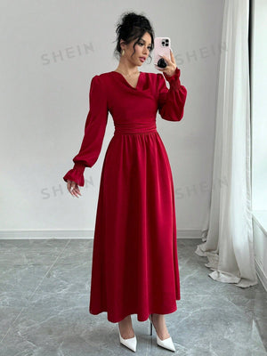 Elenzya Solid Color Pleated Waist Swing Dress With Long Sleeves - Negative Apparel