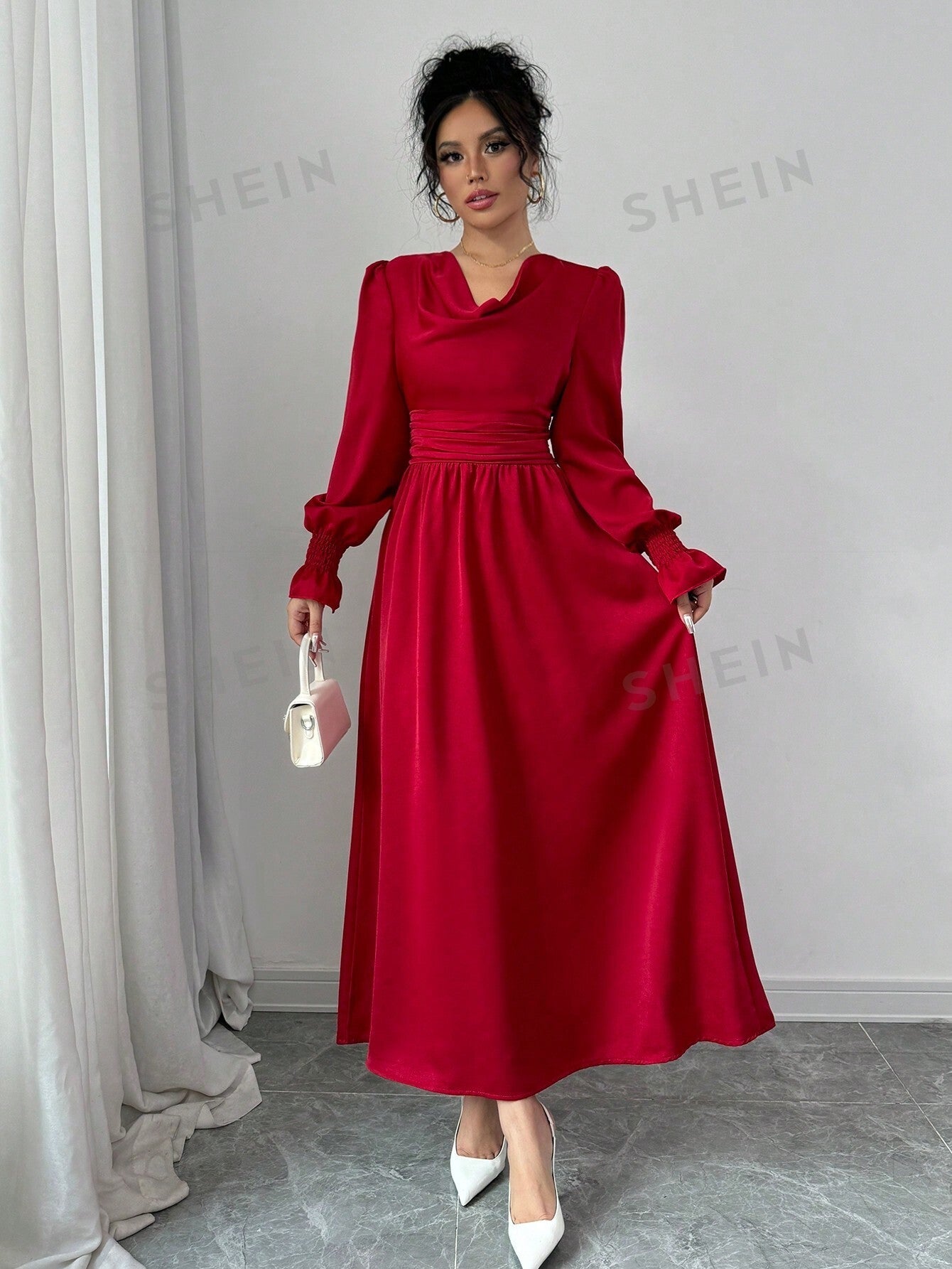 Elenzya Solid Color Pleated Waist Swing Dress With Long Sleeves - Negative Apparel