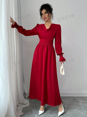 Elenzya Solid Color Pleated Waist Swing Dress With Long Sleeves - Negative Apparel