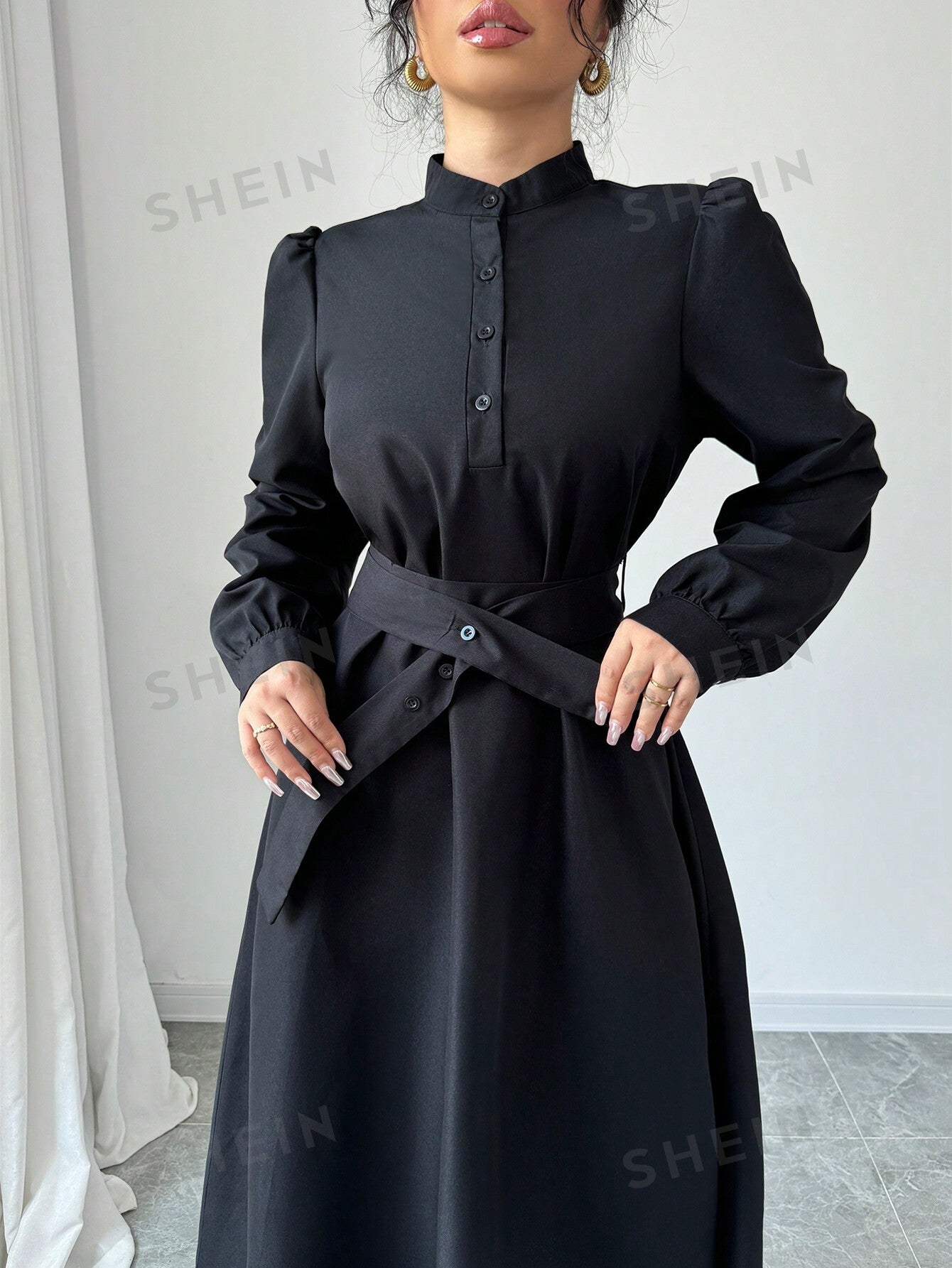 Elenzya Women Elegant Casual Fashion Commuter Long Sleeve Stand Collar Half - Zip Cinched Waist Waist Solid Color Maxi Dress - Negative Apparel