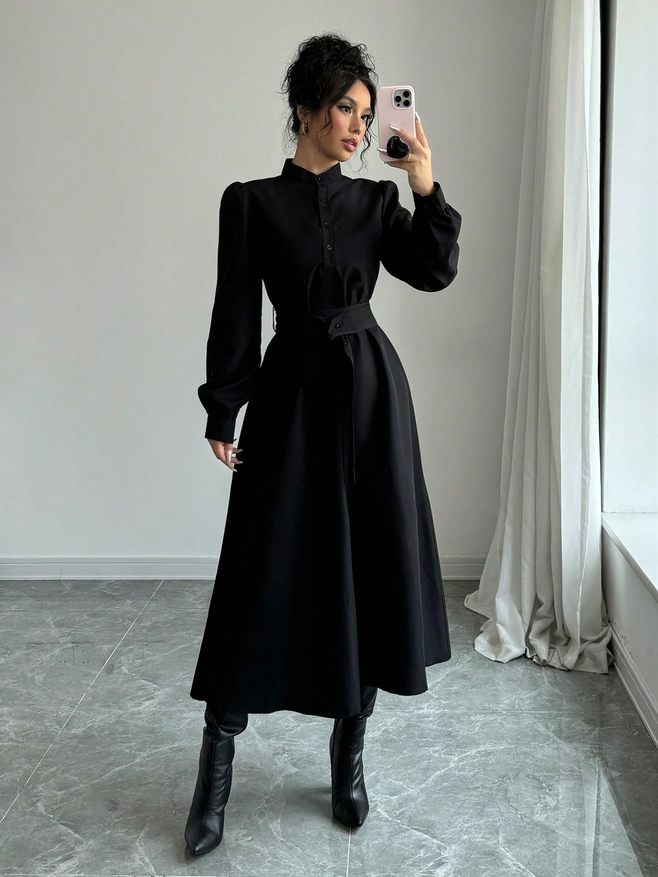 Elenzya Women Elegant Casual Fashion Commuter Long Sleeve Stand Collar Half - Zip Cinched Waist Waist Solid Color Maxi Dress - Negative Apparel