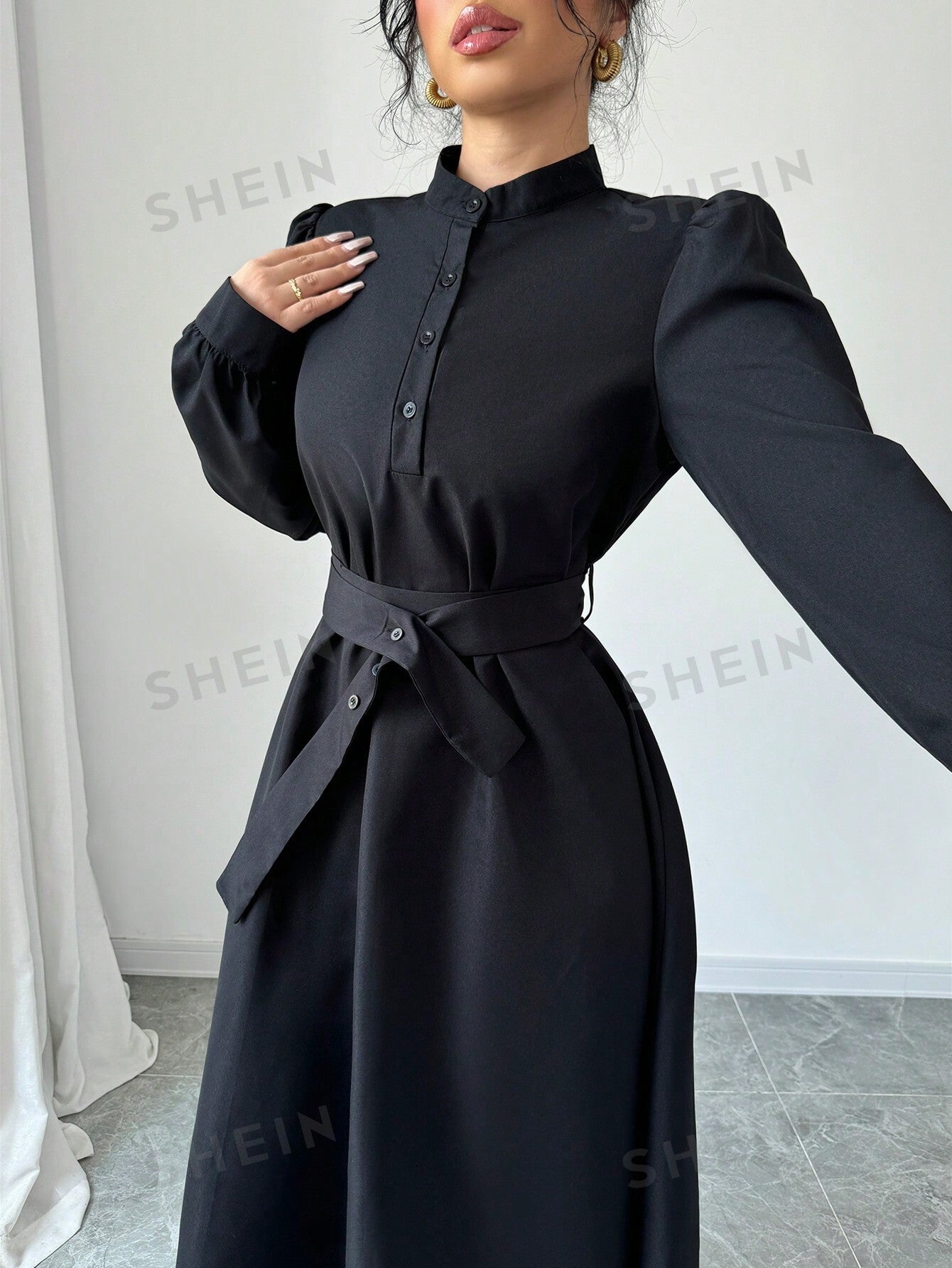 Elenzya Women Elegant Casual Fashion Commuter Long Sleeve Stand Collar Half Zip Cinched Waist Waist Solid Color Maxi Dress Negative Apparel