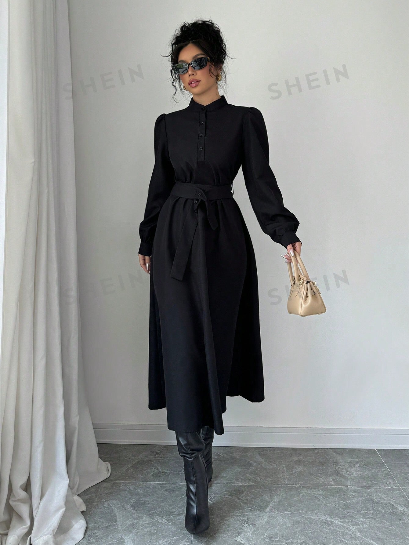 Elenzya Women Elegant Casual Fashion Commuter Long Sleeve Stand Collar Half - Zip Cinched Waist Waist Solid Color Maxi Dress - Negative Apparel