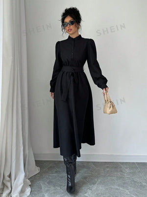 Elenzya Women Elegant Casual Fashion Commuter Long Sleeve Stand Collar Half - Zip Cinched Waist Waist Solid Color Maxi Dress - Negative Apparel