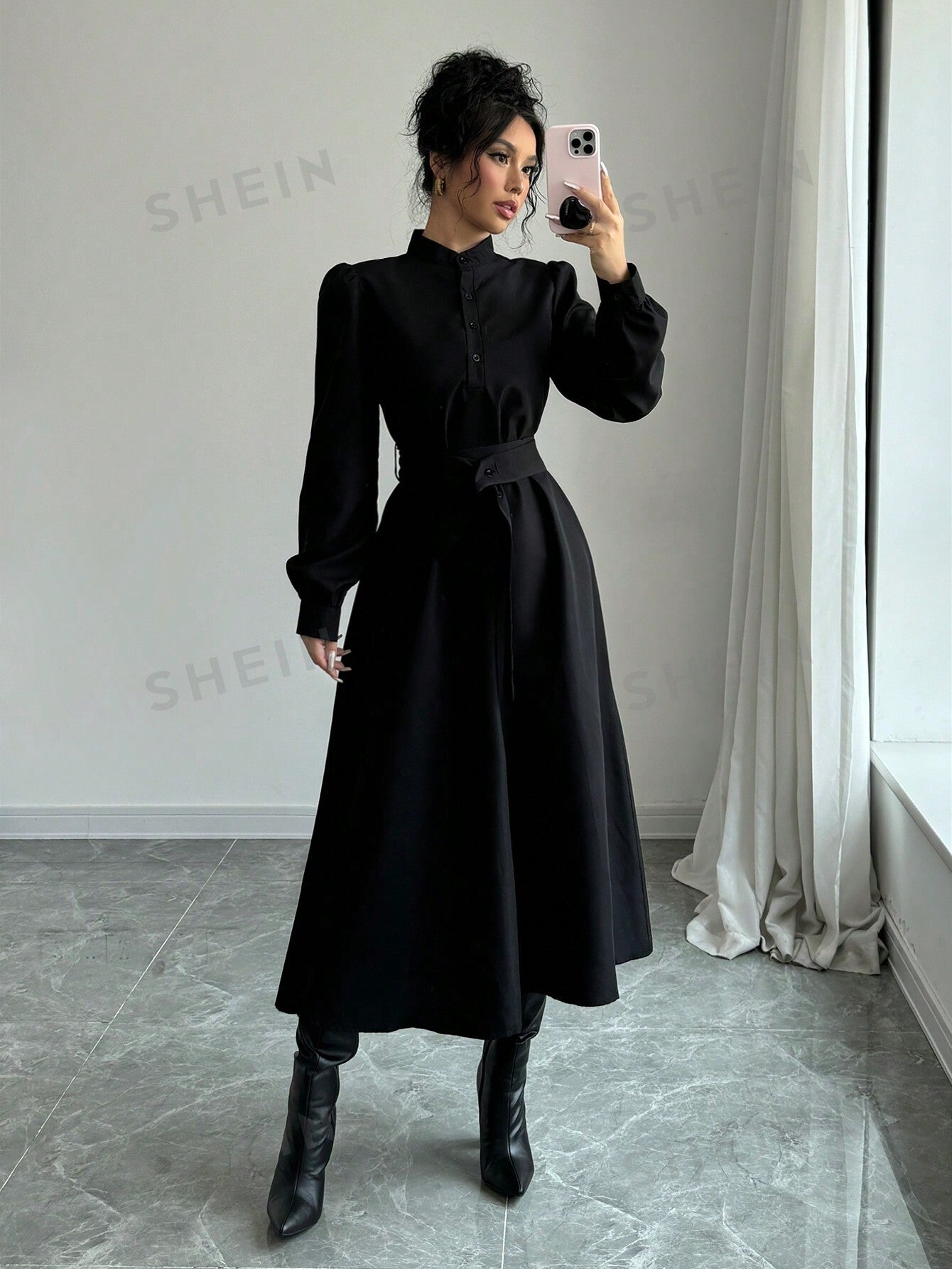 Elenzya Women Elegant Casual Fashion Commuter Long Sleeve Stand Collar Half Zip Cinched Waist Waist Solid Color Maxi Dress Negative Apparel