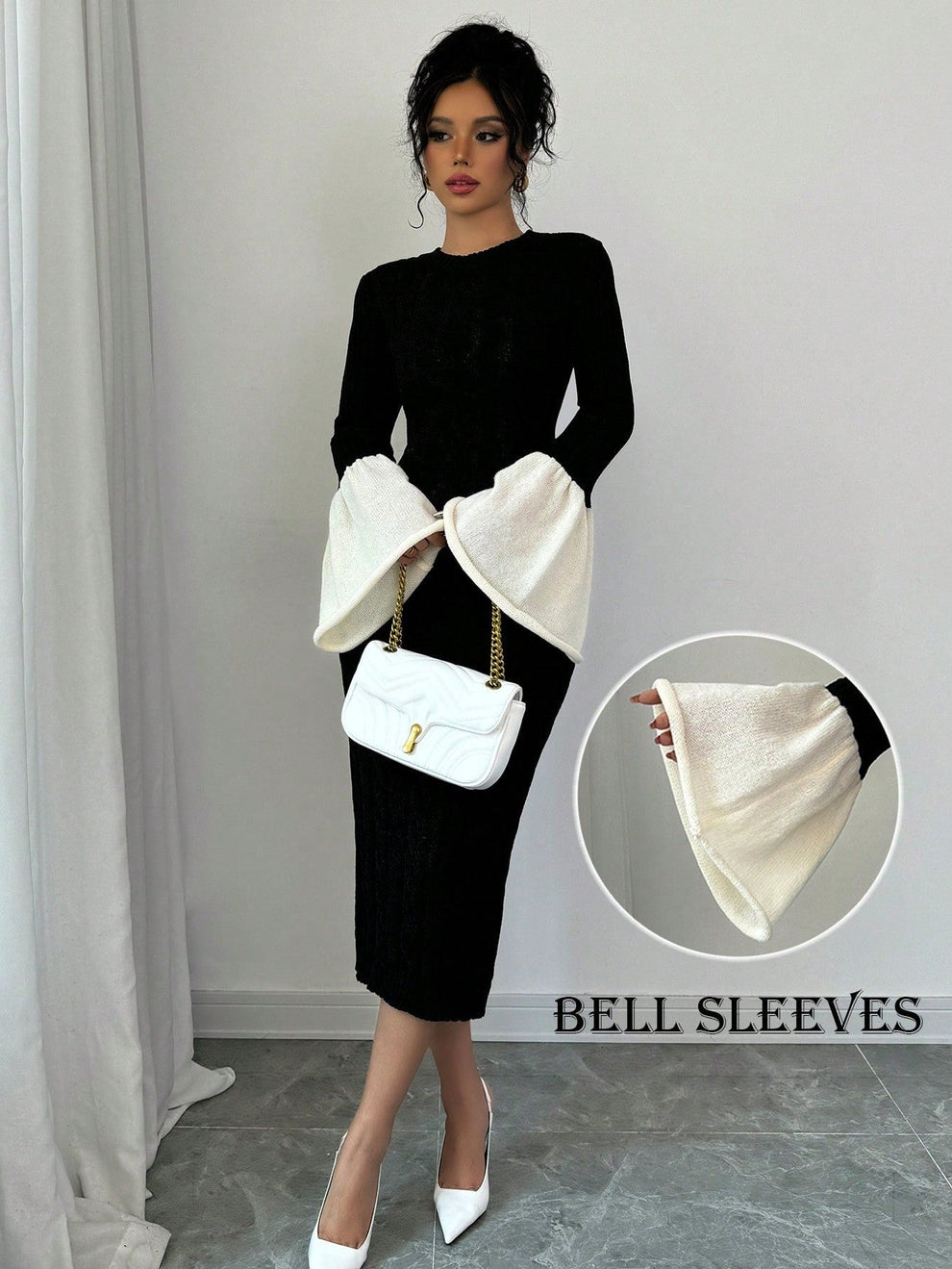 Elenzya Women's Black And White Colorblock Bell Sleeve Knit Sweater