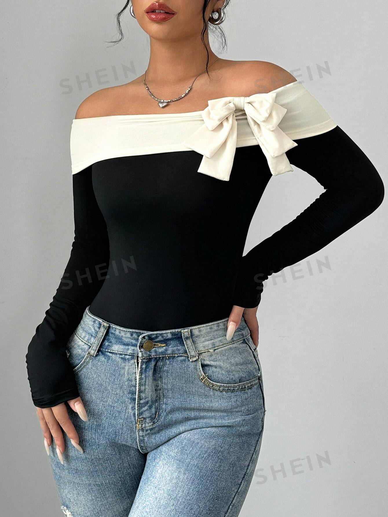 Elenzya Women's Contrast Color Bow Tie Decorated Off Shoulder Bodysuit - Negative Apparel
