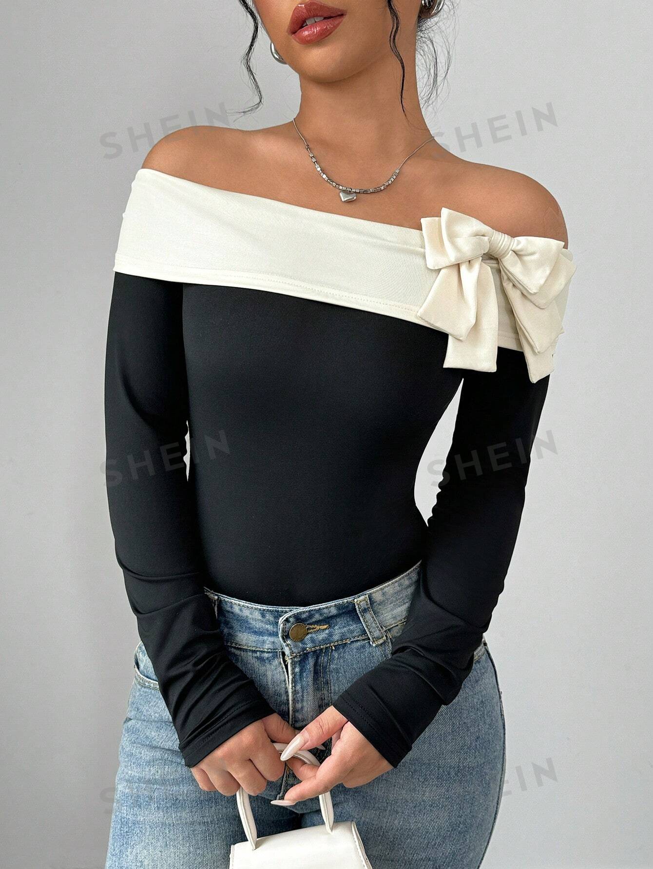 Elenzya Women's Contrast Color Bow Tie Decorated Off Shoulder Bodysuit - Negative Apparel