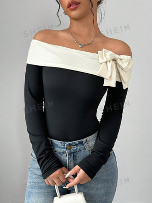 Elenzya Women's Contrast Color Bow Tie Decorated Off Shoulder Bodysuit - Negative Apparel