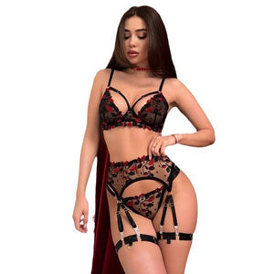 Embroidered see - through multi - piece lingerie set - Negative Apparel