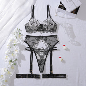 Embroidery perspective body sculpting thin sex underwear garter belt split set with steel ring - Negative Apparel