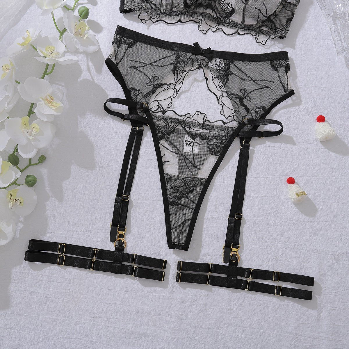 Embroidery perspective body sculpting thin sex underwear garter belt split set with steel ring - Negative Apparel