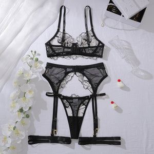 Embroidery perspective body sculpting thin sex underwear garter belt split set with steel ring - Negative Apparel