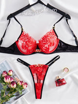 Embroidery splicing love comfortable mesh sexy underwear fun two - piece lingerie set - Negative Apparel