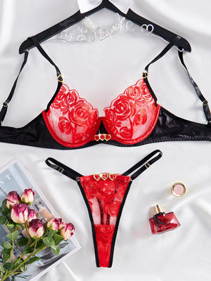 Embroidery splicing love comfortable mesh sexy underwear fun two - piece lingerie set - Negative Apparel