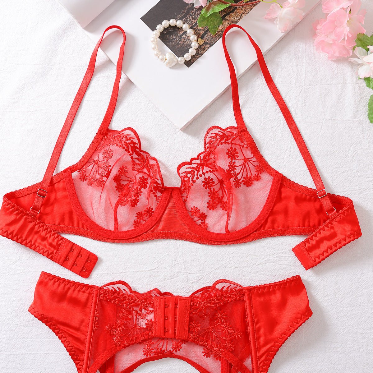 Embroidery splicing shaping erotic underwear four - piece set - Negative Apparel