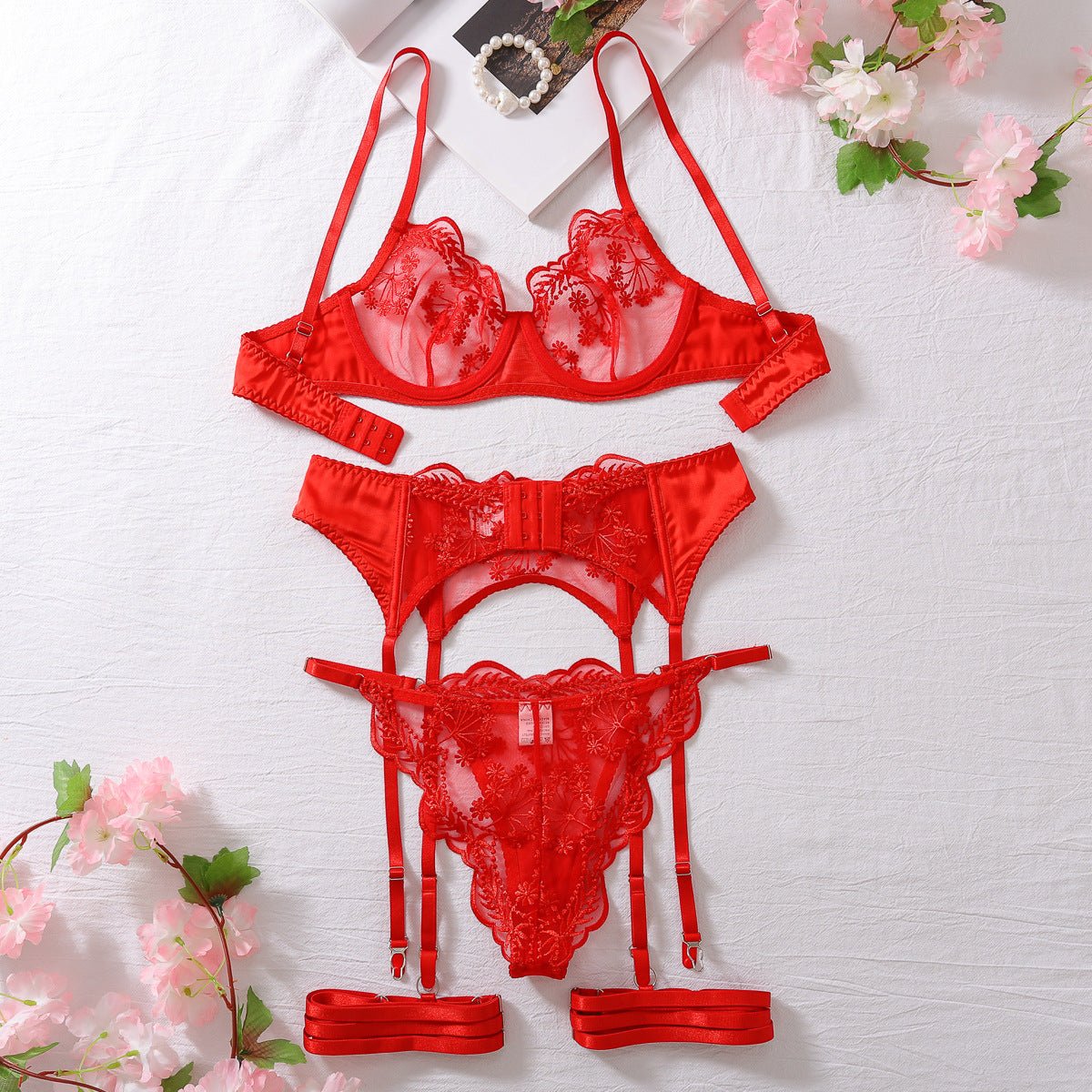 Embroidery splicing shaping erotic underwear four - piece set - Negative Apparel