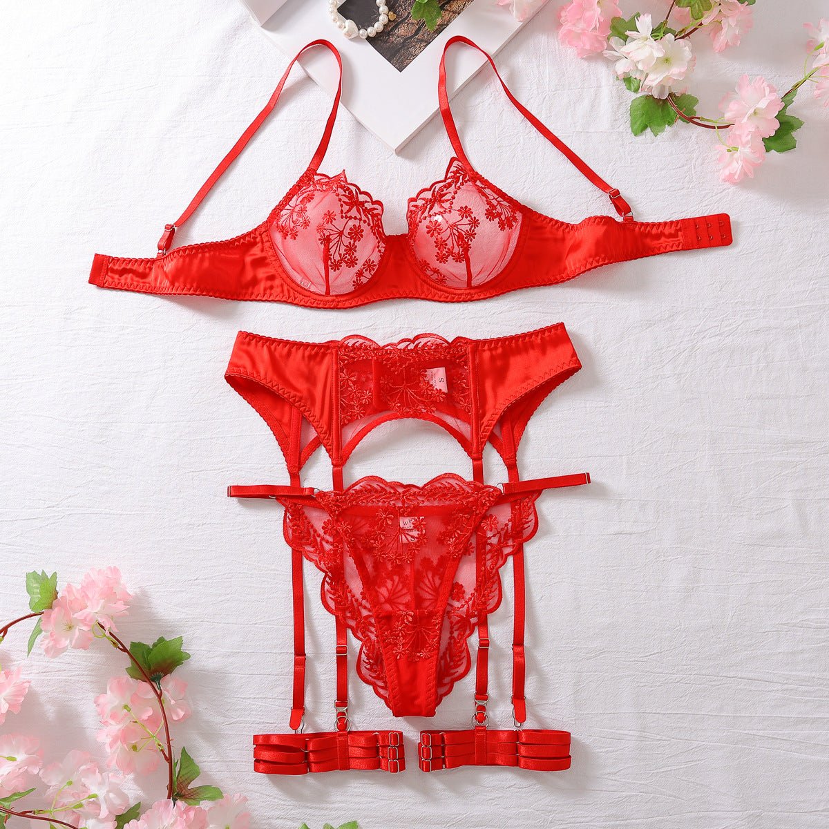 Embroidery splicing shaping erotic underwear four - piece set - Negative Apparel