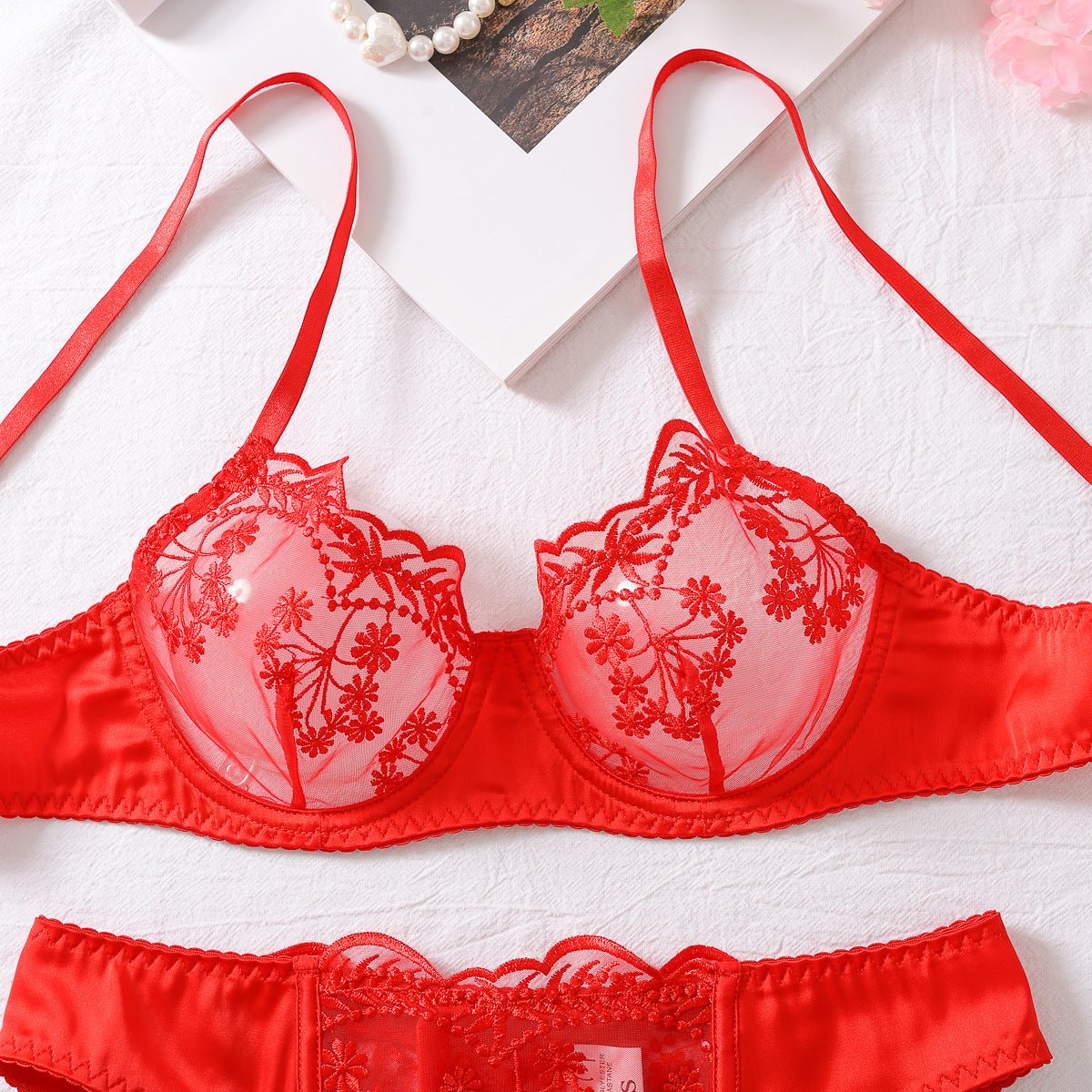 Embroidery splicing shaping erotic underwear four - piece set - Negative Apparel