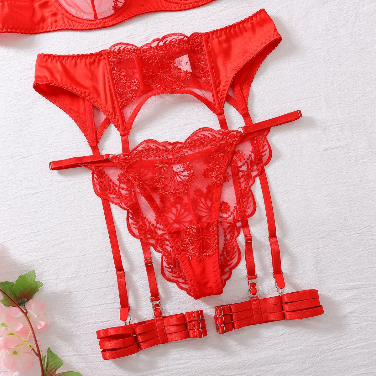 Embroidery splicing shaping erotic underwear four - piece set - Negative Apparel