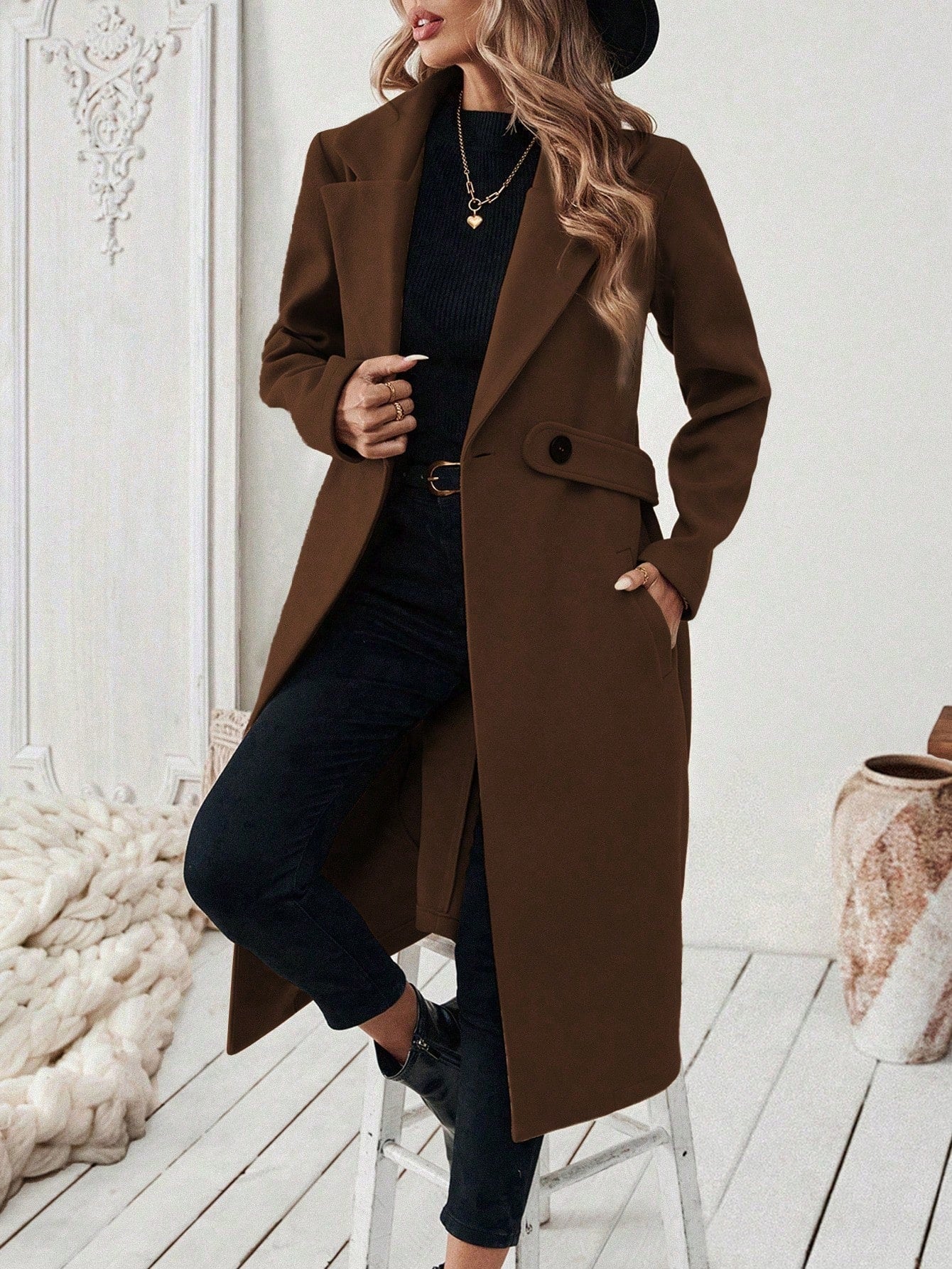 EMERY ROSE Halloween Women's Notched Collar Camel Overcoat With Belt Long Coat Fall Coat FD - Negative Apparel