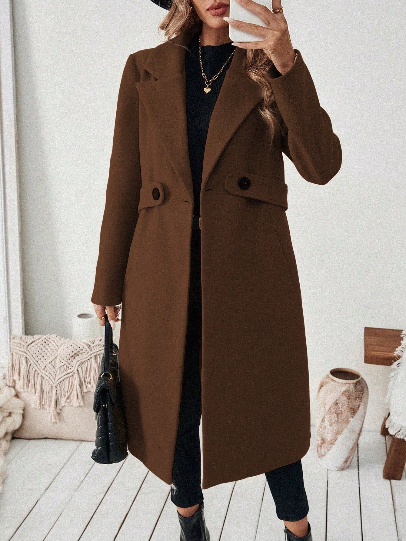 EMERY ROSE Halloween Women's Notched Collar Camel Overcoat With Belt Long Coat Fall Coat FD - Negative Apparel