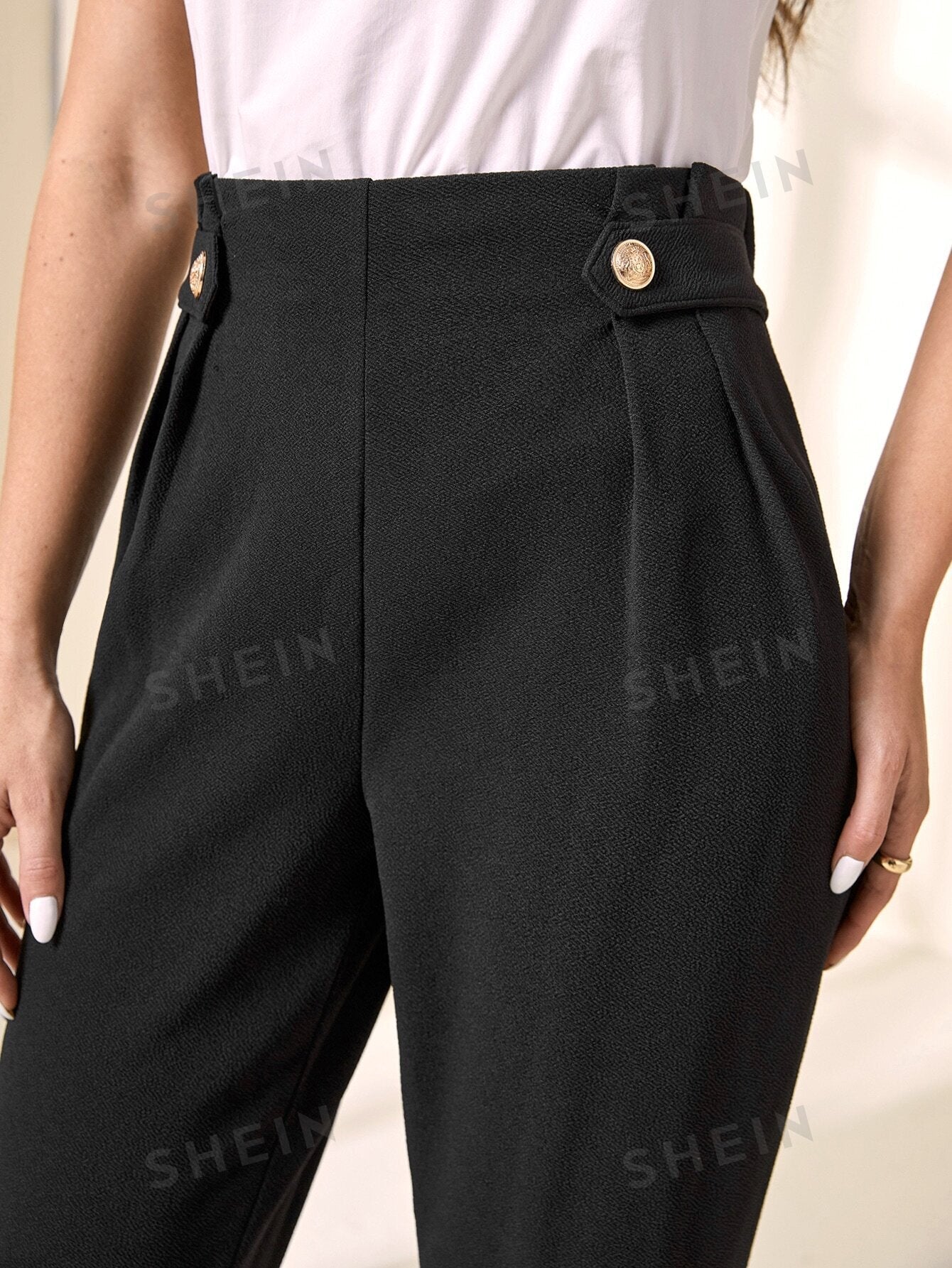 EMERY ROSE High Waist Button Detail Fold Pleated Detail Pants - Negative Apparel